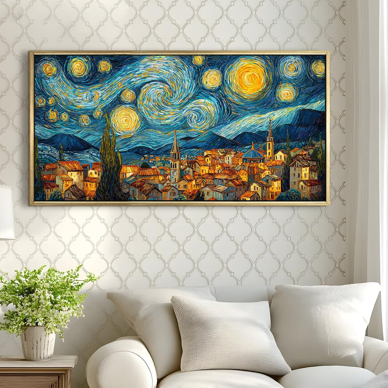Starry Night Inspired Quiet Village Canvas Artwork For Home Decoration