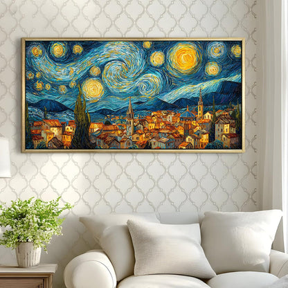 Starry Night Inspired Quiet Village Canvas Artwork For Home Decoration