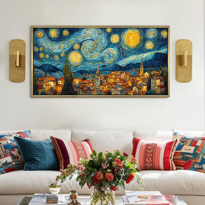 Starry Night Inspired Quiet Village Canvas Artwork For Home Decoration