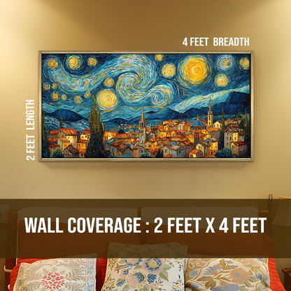 Starry Night Inspired Quiet Village Canvas Artwork For Home Decoration