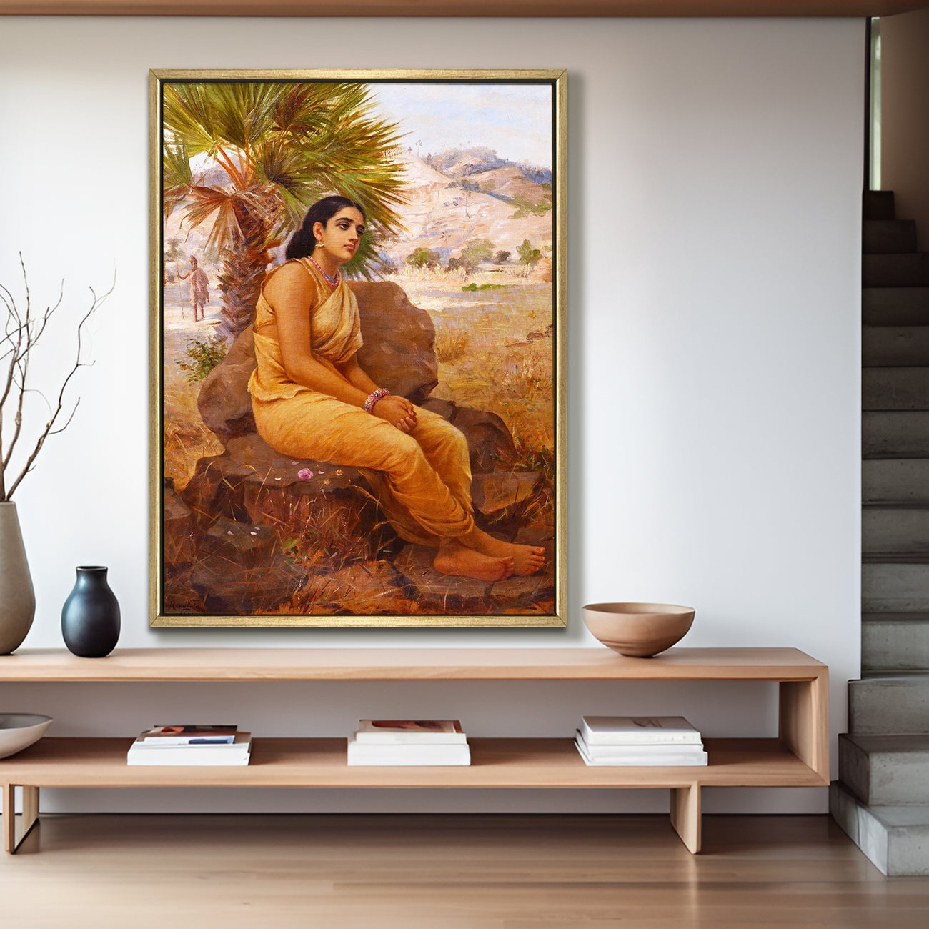 Lady in Yellow Saree under Palm – Raja Ravi Varma Art Canvas