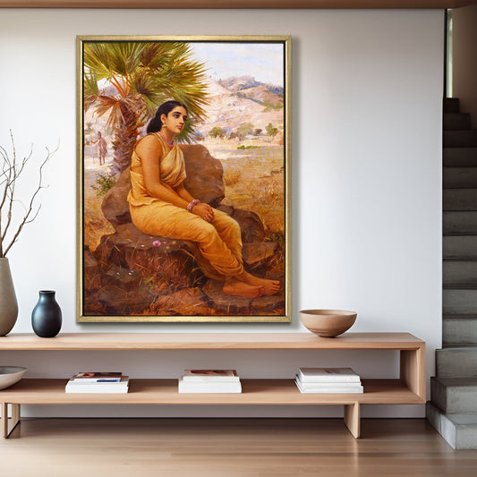 Lady in Yellow Saree under Palm – Raja Ravi Varma Art Canvas