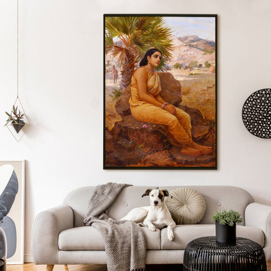 Lady in Yellow Saree under Palm – Raja Ravi Varma Art Canvas