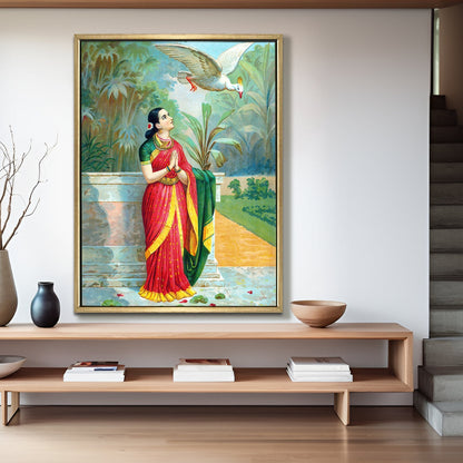 Lady in Prayer with Swan – Raja Ravi Varma Art Canvas