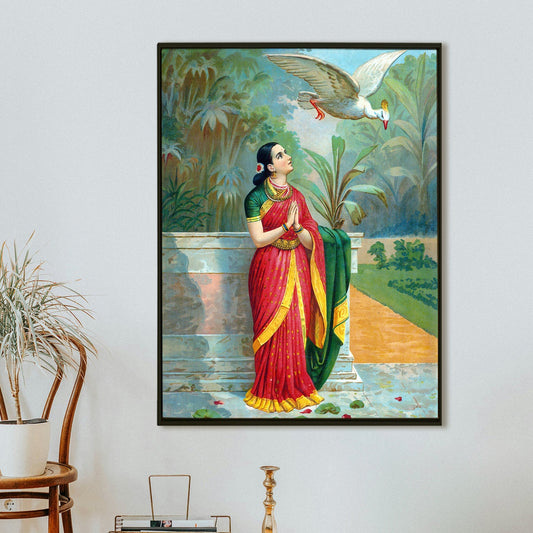 Lady in Prayer with Swan – Raja Ravi Varma Art Canvass