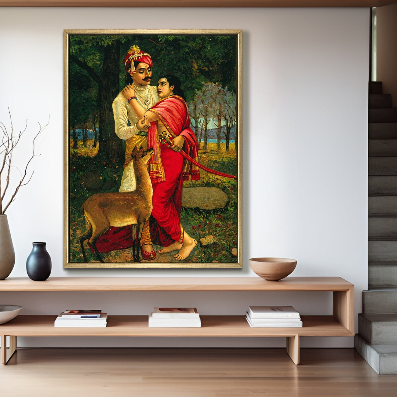 Royal Couple with Deer – Raja Ravi Varma Art Canvas