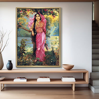 Lady in Pink Saree Riverside – Raja Ravi Varma Art Canvas
