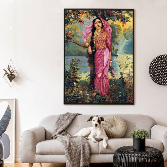 Lady in Pink Saree Riverside – Raja Ravi Varma Art Canvas