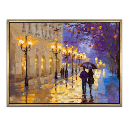 Rainy Street Reflections Canvas Wall Art with Warm Lights