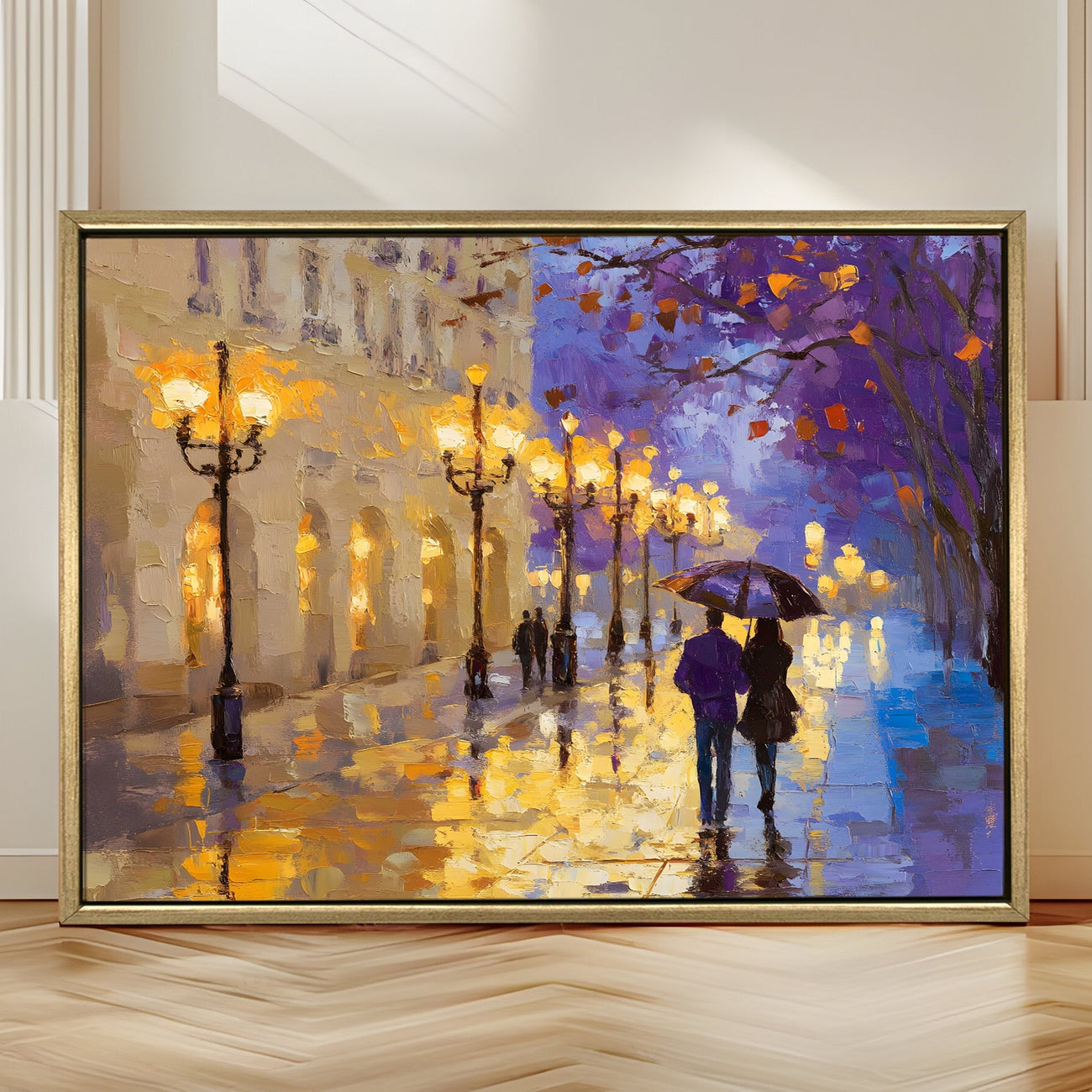 Rainy Street Reflections Canvas Wall Art with Warm Lights