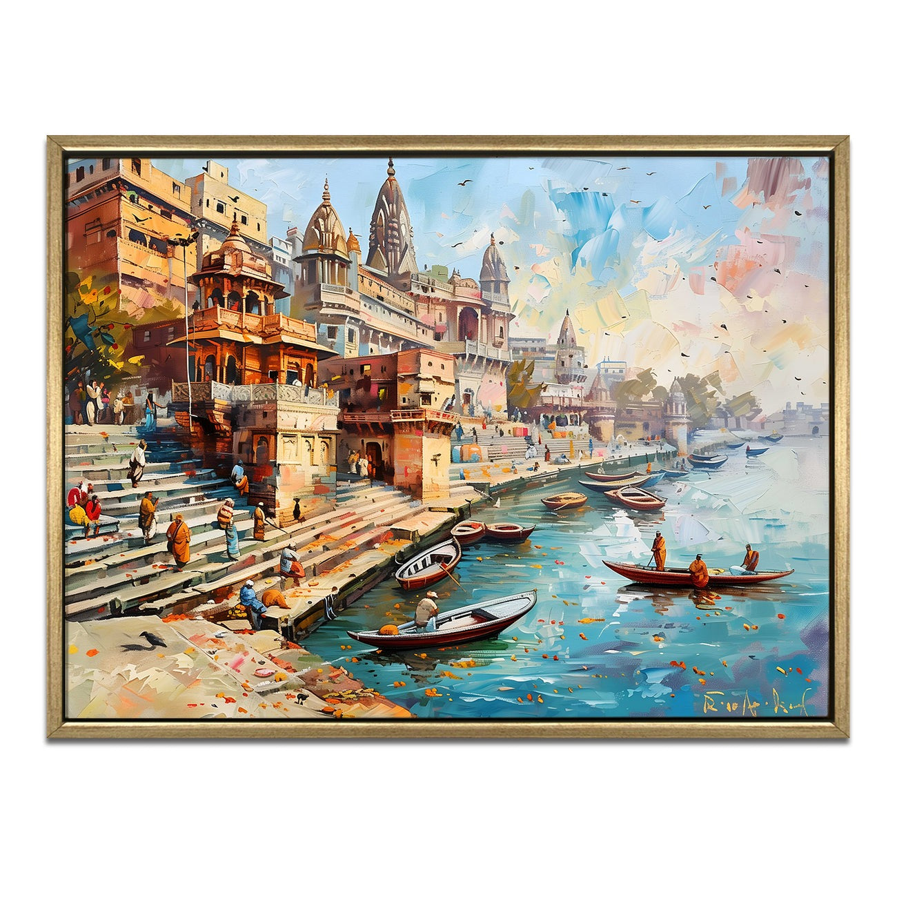 Banaras Ghats Painting – Serene Riverbank Scene Canvas Wall Frame