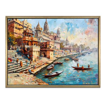Banaras Ghats Painting – Serene Riverbank Scene Canvas Wall Frame