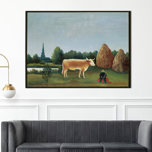 Landscape with Cow and Haystacks Henri Rousseau Canvas Wall Art
