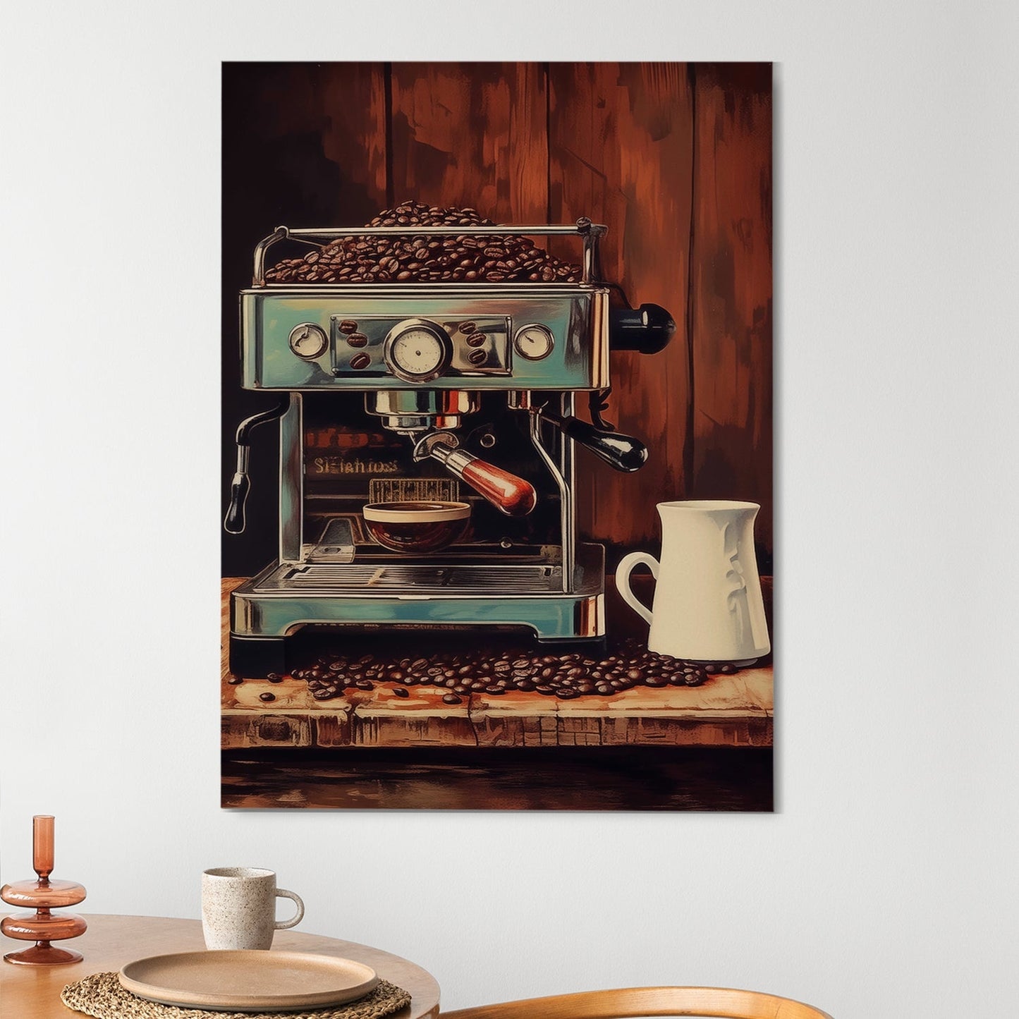 Vintage Coffee Machine Wall Art – Retro Café Kitchen Canvas