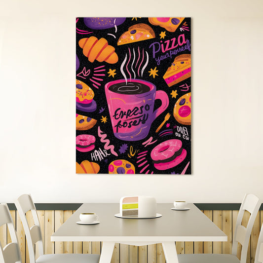 Espresso Coffee & Pizza Wall Art – Quirky Neon Café Canvas
