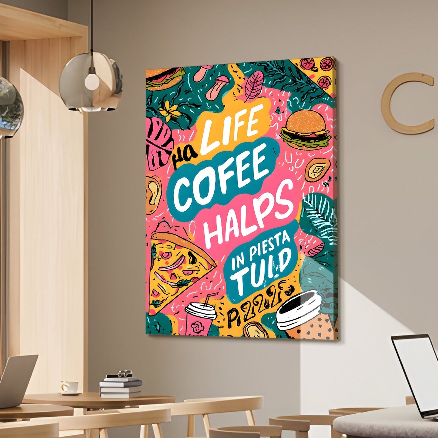 Funky Doodle Coffee Pizza Wall Art – Quote Kitchen Café Canvas
