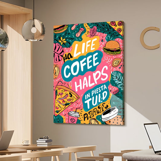 Funky Doodle Coffee Pizza Wall Art – Quote Kitchen Café Canvas