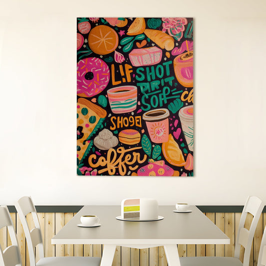 Funky Coffee & Donut Wall Art – Doodle Style Café Canvas
