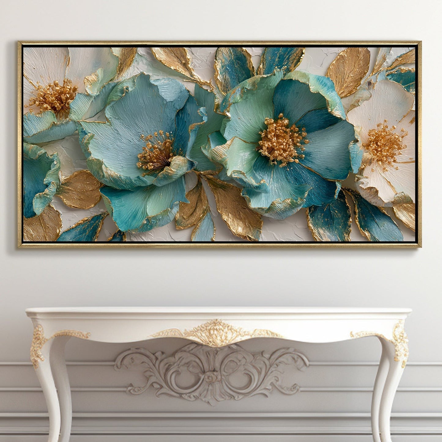 Luxury Teal & Gold Floral Canvas Wall Art for Elegant Home Decor