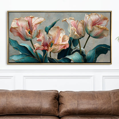Floral Elegance in Teal, Blush & Gold Luxury Canvas Wall Art Decor