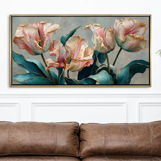 Floral Elegance in Teal, Blush & Gold Luxury Canvas Wall Art Decor