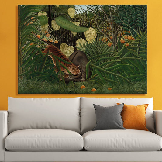 Tiger vs Buffalo Fight Canvas Wall Art Wildlife Battle Painting