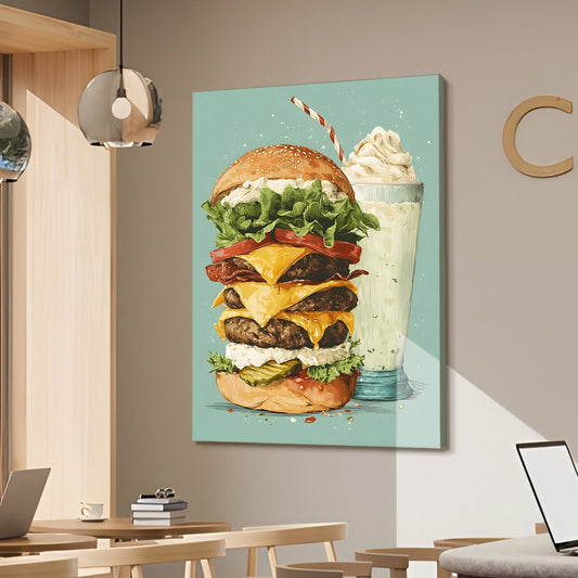 Burger & Milkshake Wall Art – Diner Café Kitchen Canvas Decor