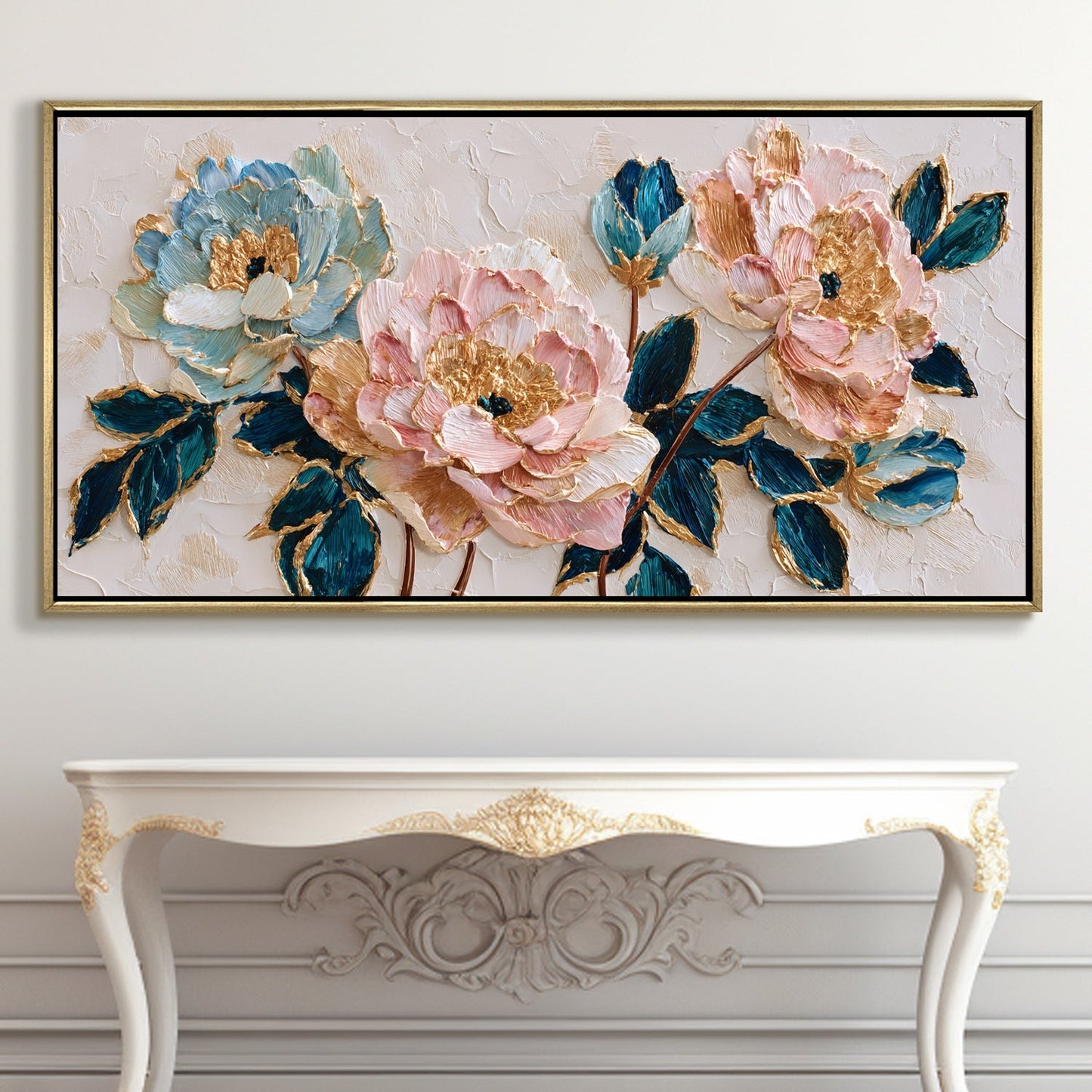 Blush Peonies with Teal Leaves Luxury Floral Canvas Wall Art Decor