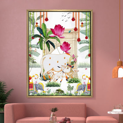 Traditional Pichwai Cow & Calf Indian Heritage Canvas Wall Art