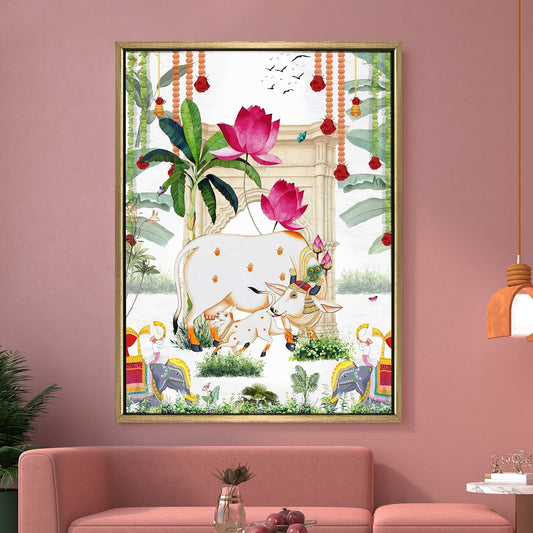 Traditional Pichwai Cow & Calf Indian Heritage Canvas Wall Art