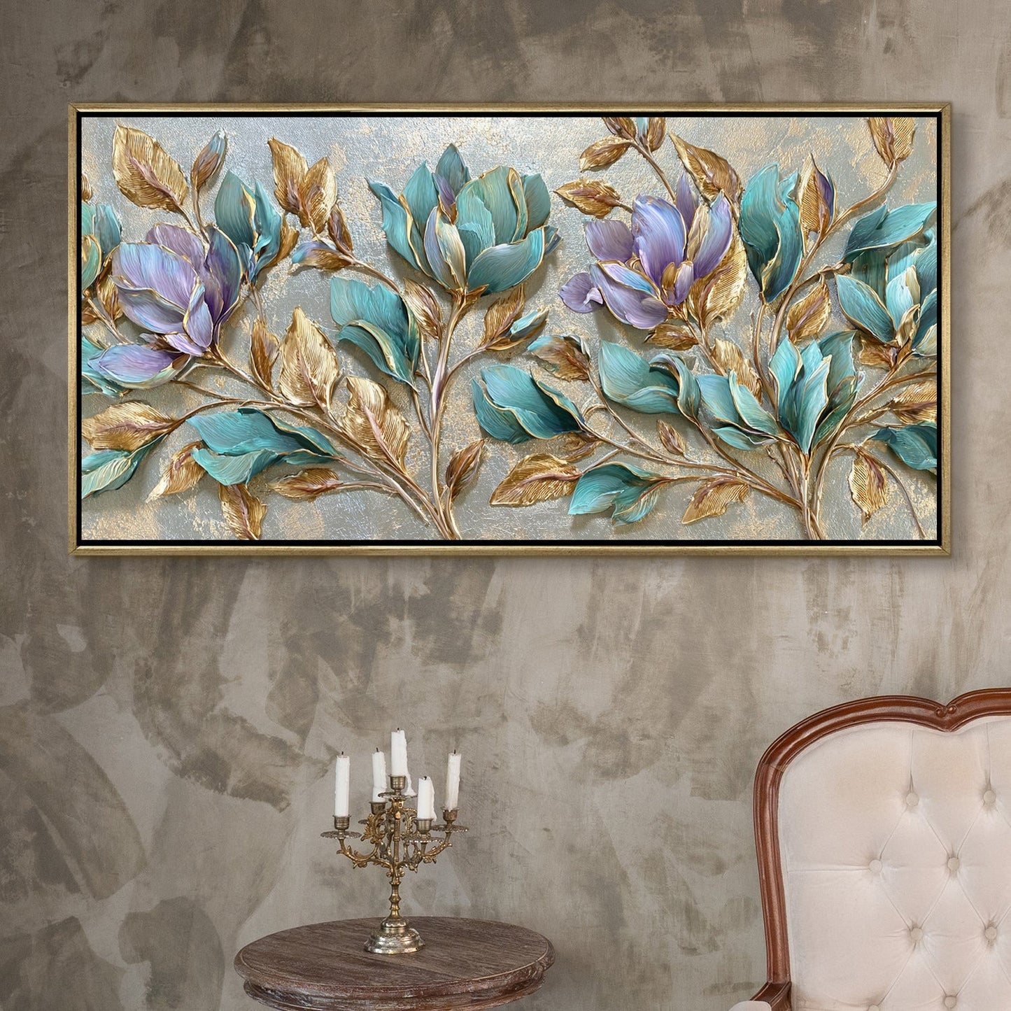 Teal Petals & Gold Leaves Luxury Floral Canvas Wall Art Decor