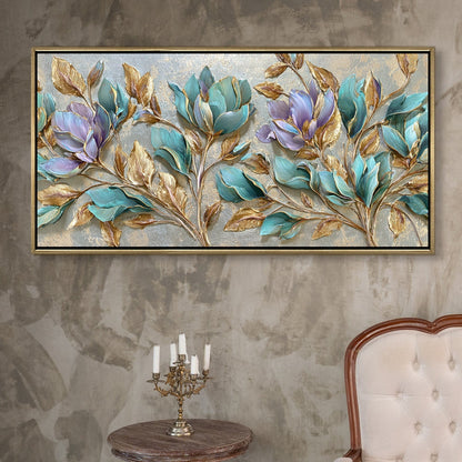 Teal Petals & Gold Leaves Luxury Floral Canvas Wall Art Decor