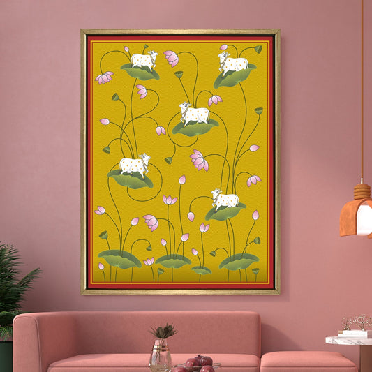 Sacred Cow Pichwai Art – Lotus Motif – Indian Heritage Wall