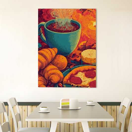 Retro Food & Coffee Wall Art – Vintage Pizza Croissant Canvas