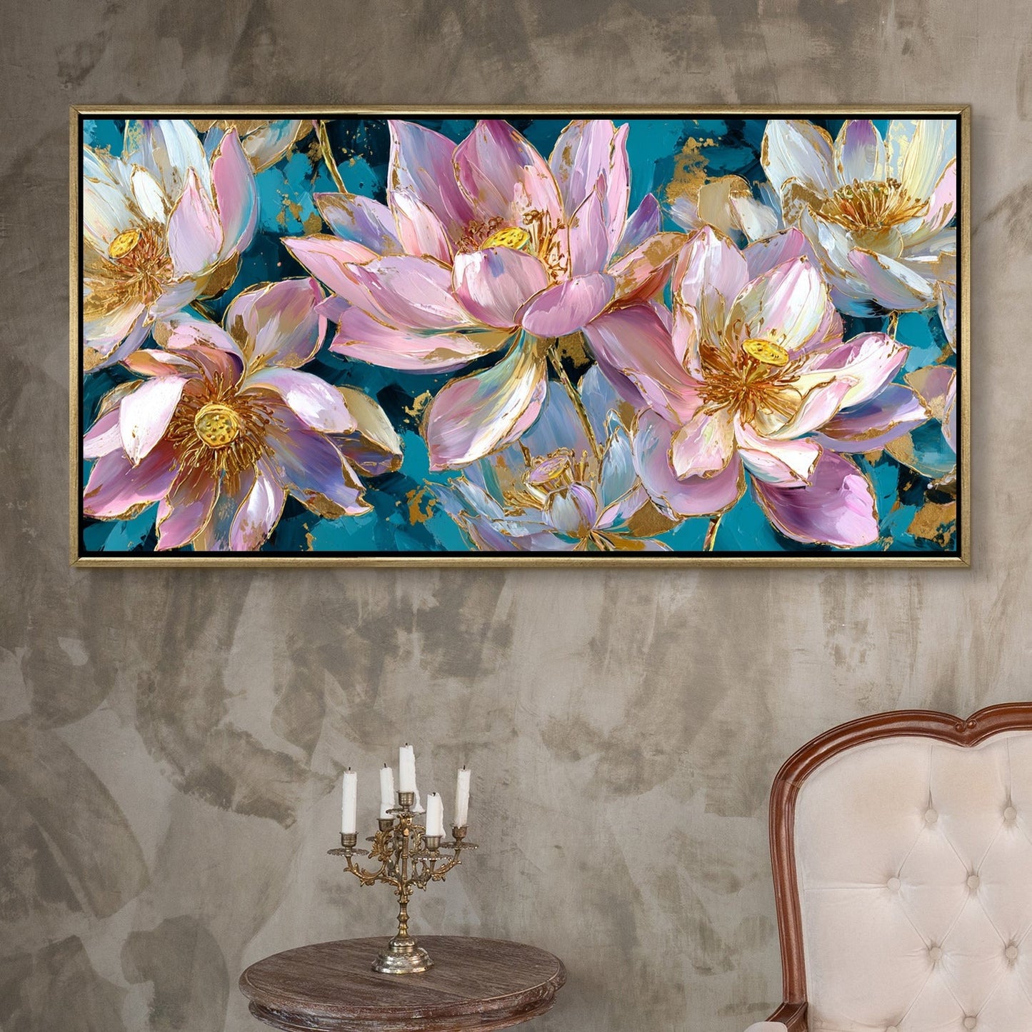 Golden Lotus Garden Luxury Floral Canvas Wall Art for Elegant Decor