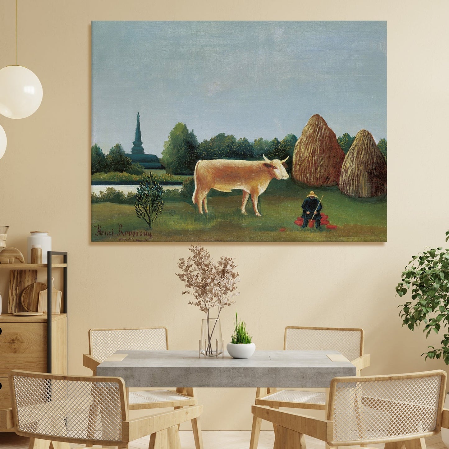 Landscape with Cow and Haystacks Henri Rousseau Canvas Wall Art