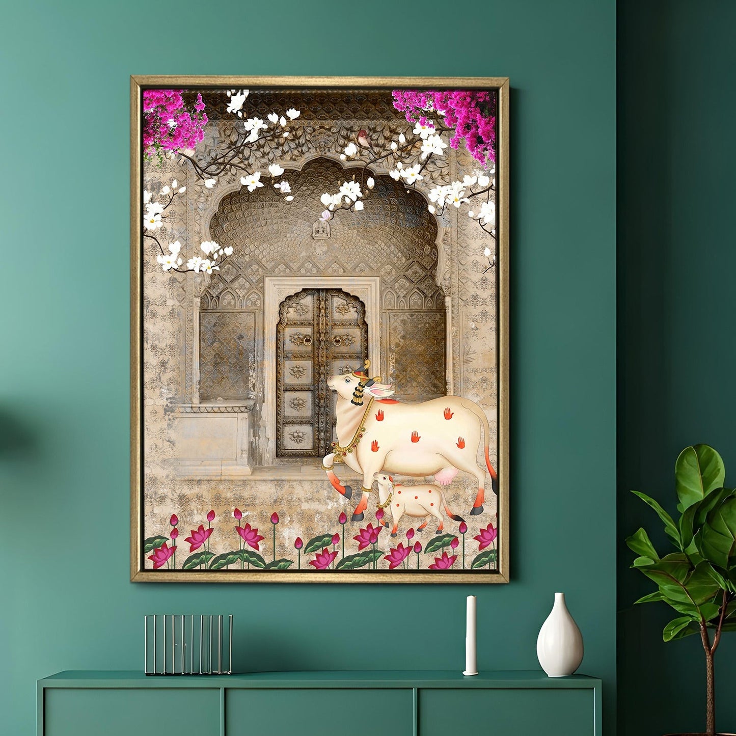 Traditional Pichwai Cow & Calf Indian Heritage Canvas Wall Art