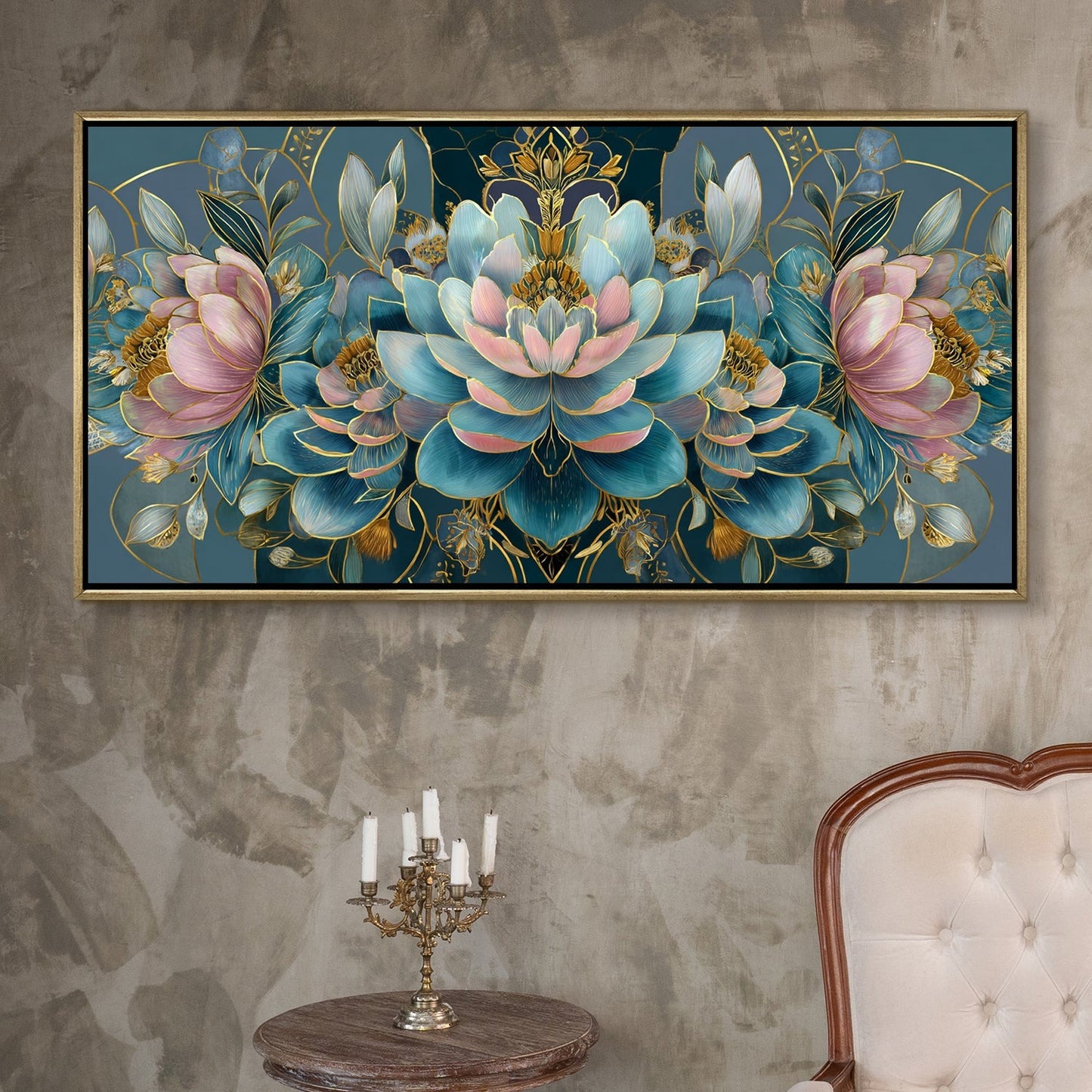 Floral Elegance in Teal, Blush & Gold Luxury Floral Canvas Wall Art