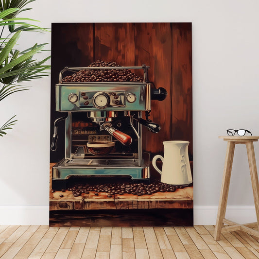 Vintage Coffee Machine Wall Art – Retro Café Kitchen Canvas