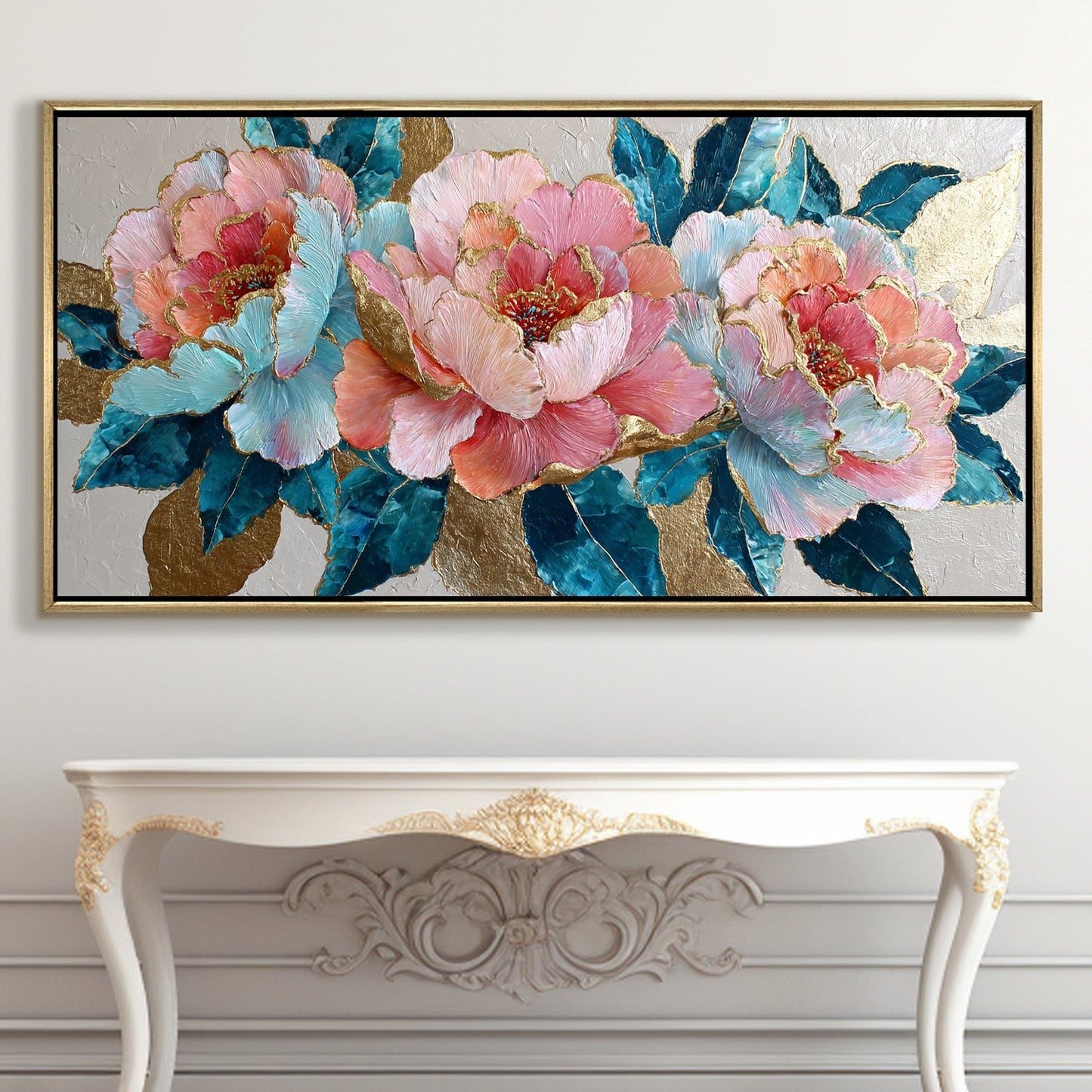 Pastel Peonies & Teal Leaves Luxury Floral Canvas Wall Art Decor