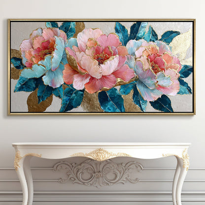 Pastel Peonies & Teal Leaves Luxury Floral Canvas Wall Art Decor