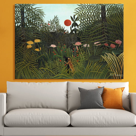 Jungle with Setting Sun Henri Rousseau Canvas Wall Art Decor