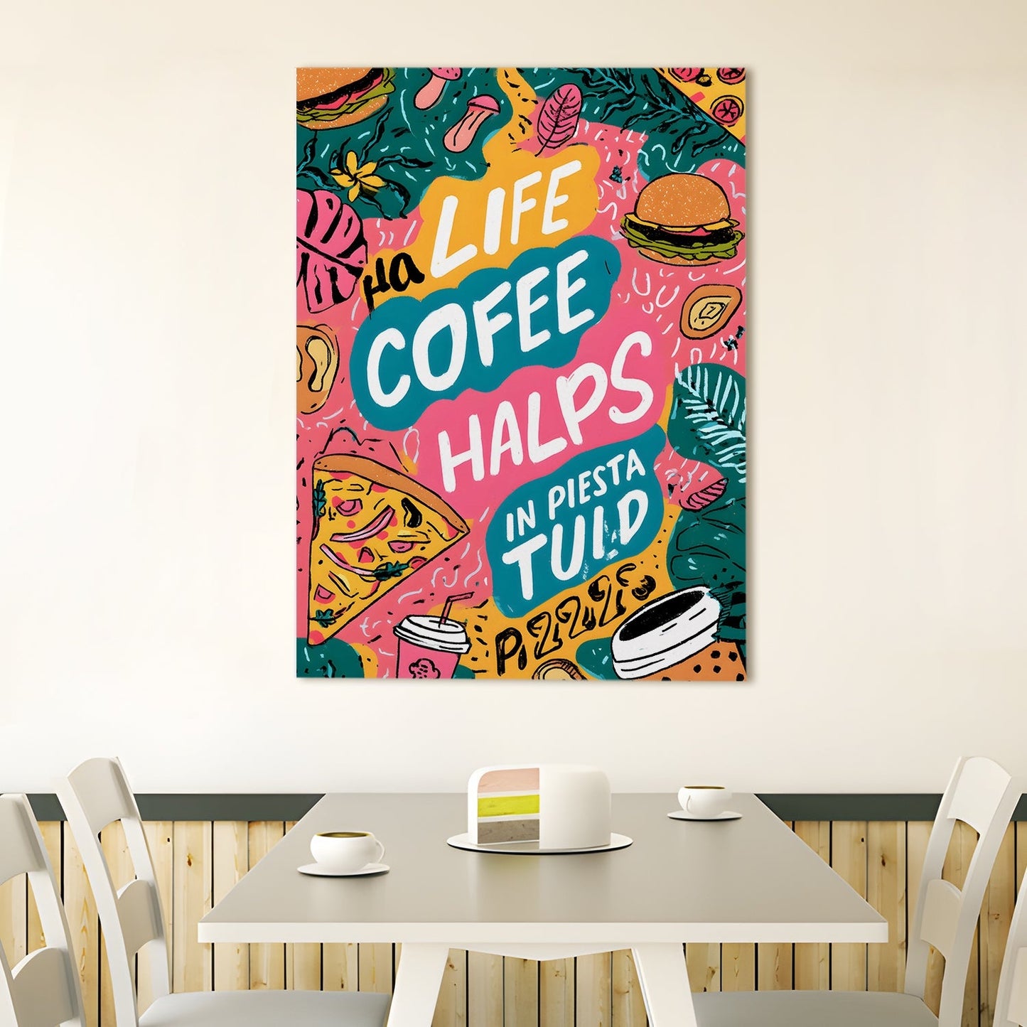 Funky Doodle Coffee Pizza Wall Art – Quote Kitchen Café Canvas
