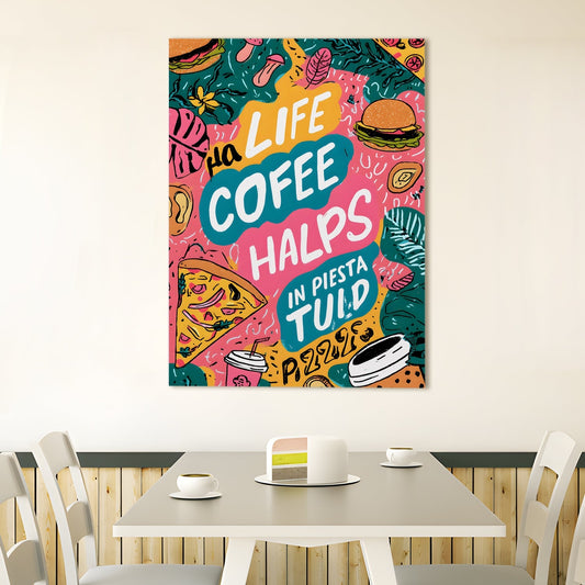 Funky Doodle Coffee Pizza Wall Art – Quote Kitchen Café Canvas