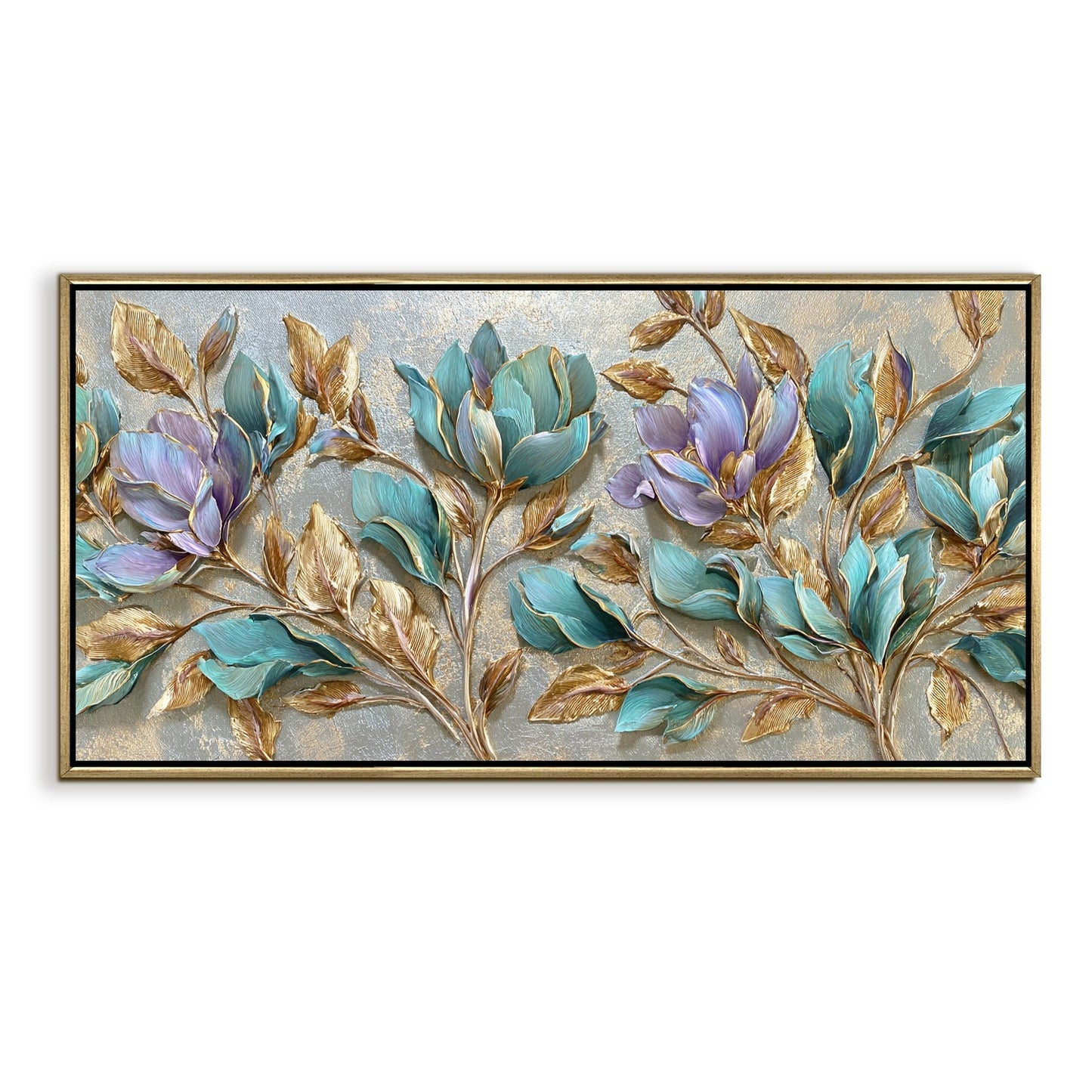 Teal Petals & Gold Leaves Luxury Floral Canvas Wall Art Decor