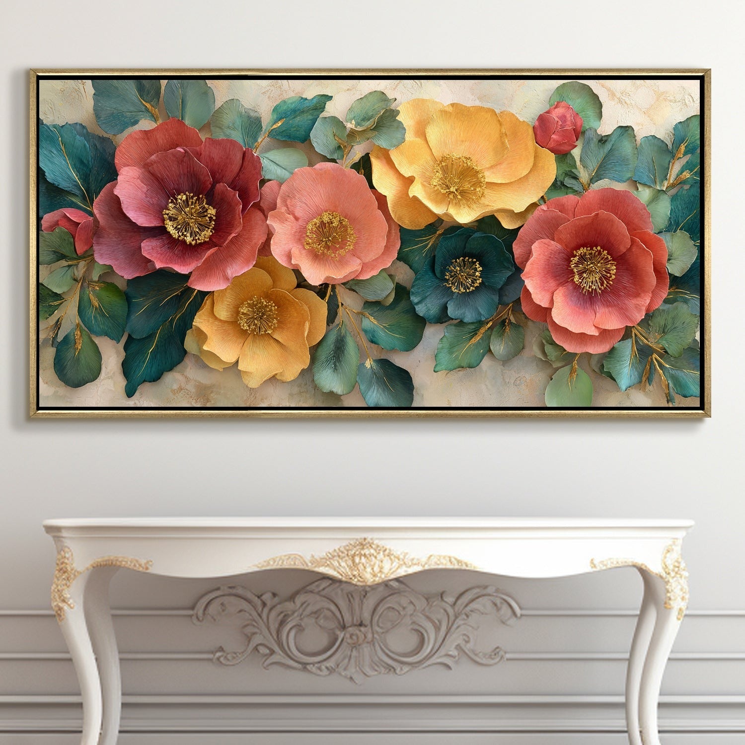 Pastels & Teal Foliage Canvas Painting