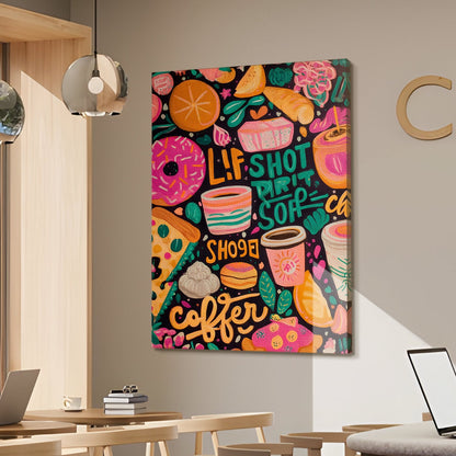 Funky Coffee & Donut Wall Art – Doodle Style Café Canvas