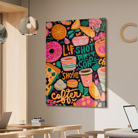 Funky Coffee & Donut Wall Art – Doodle Style Café Canvas