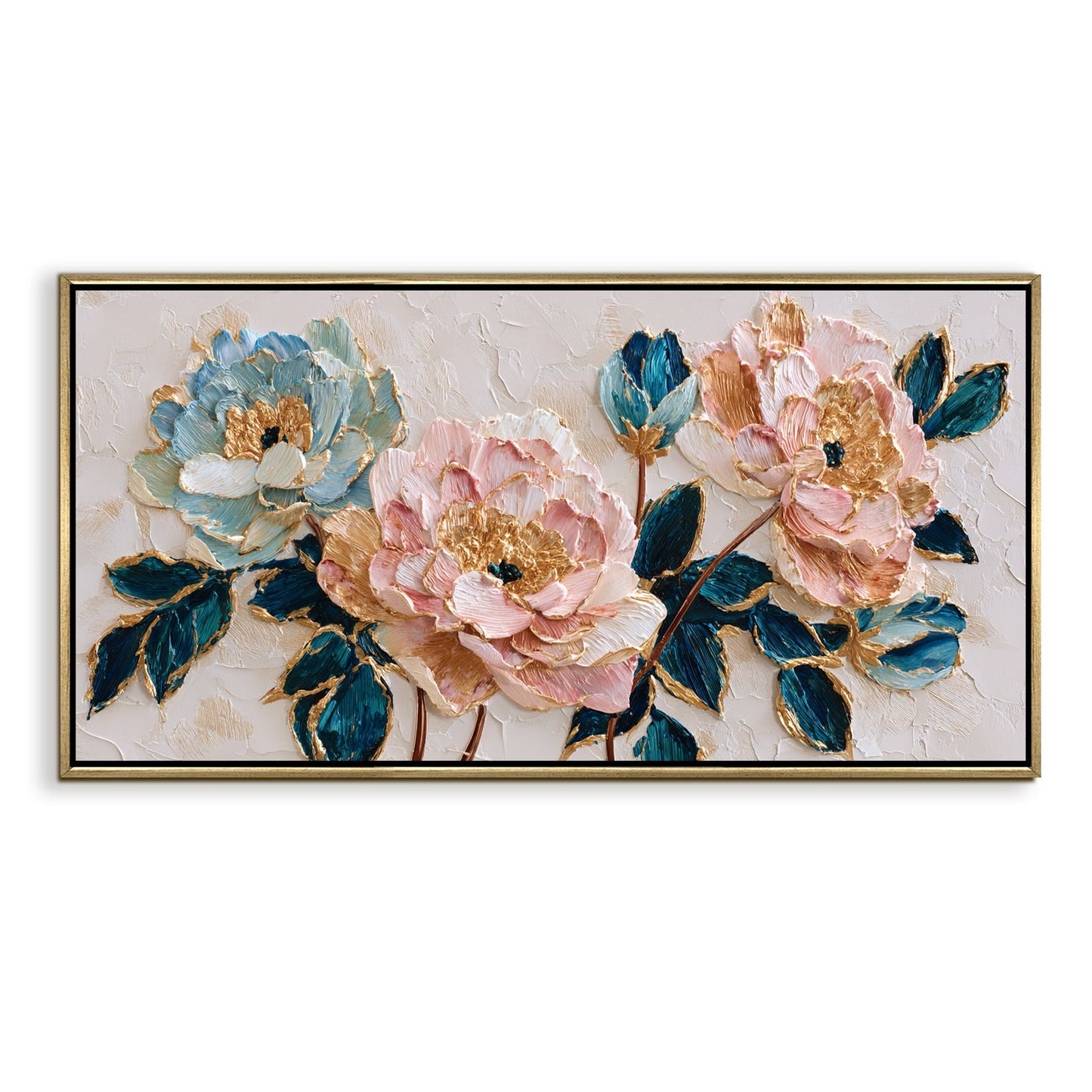 Blush Peonies with Teal Leaves Luxury Floral Canvas Wall Art Decor