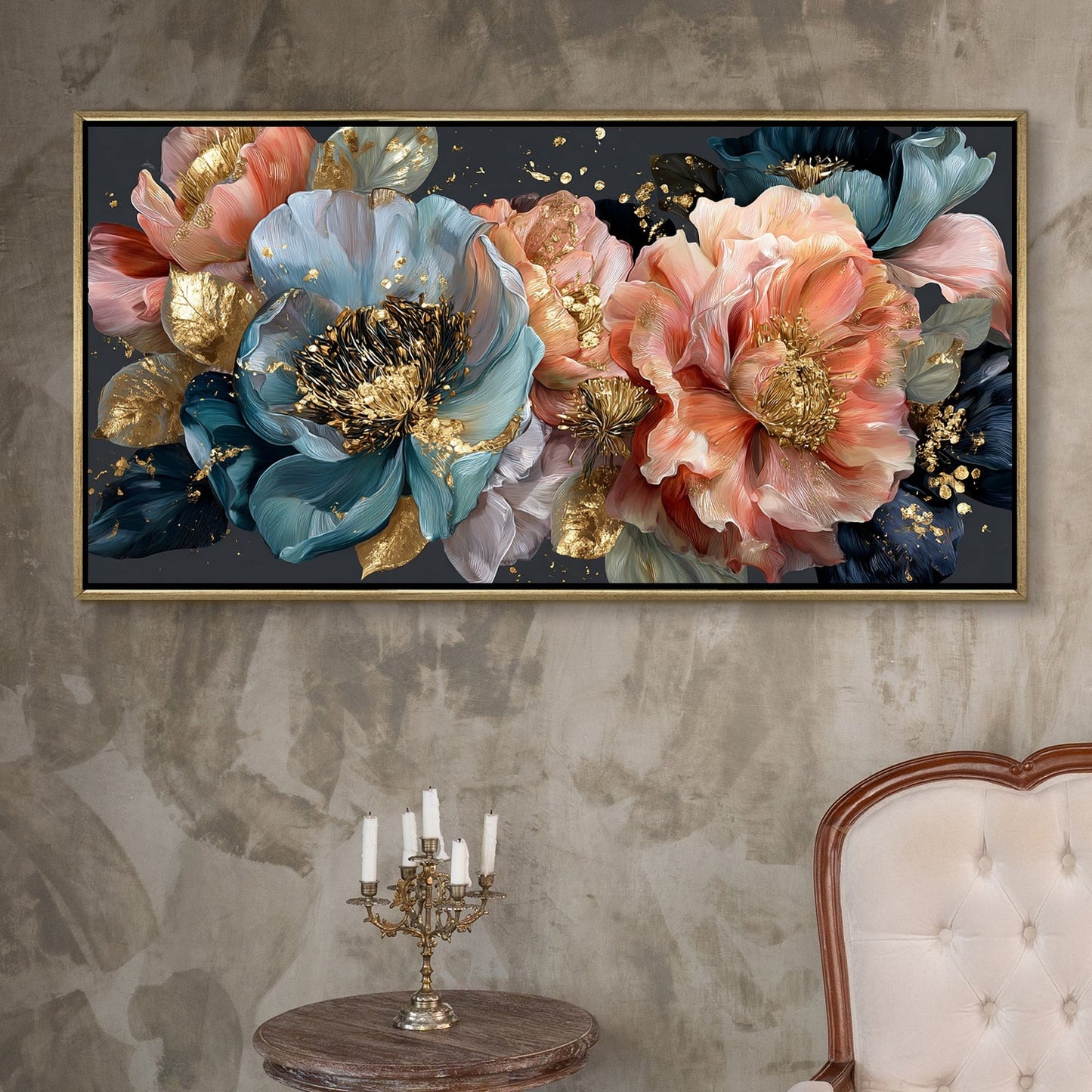 Royal Petals in Teal & Blush Luxury Floral Canvas Wall Art Decor